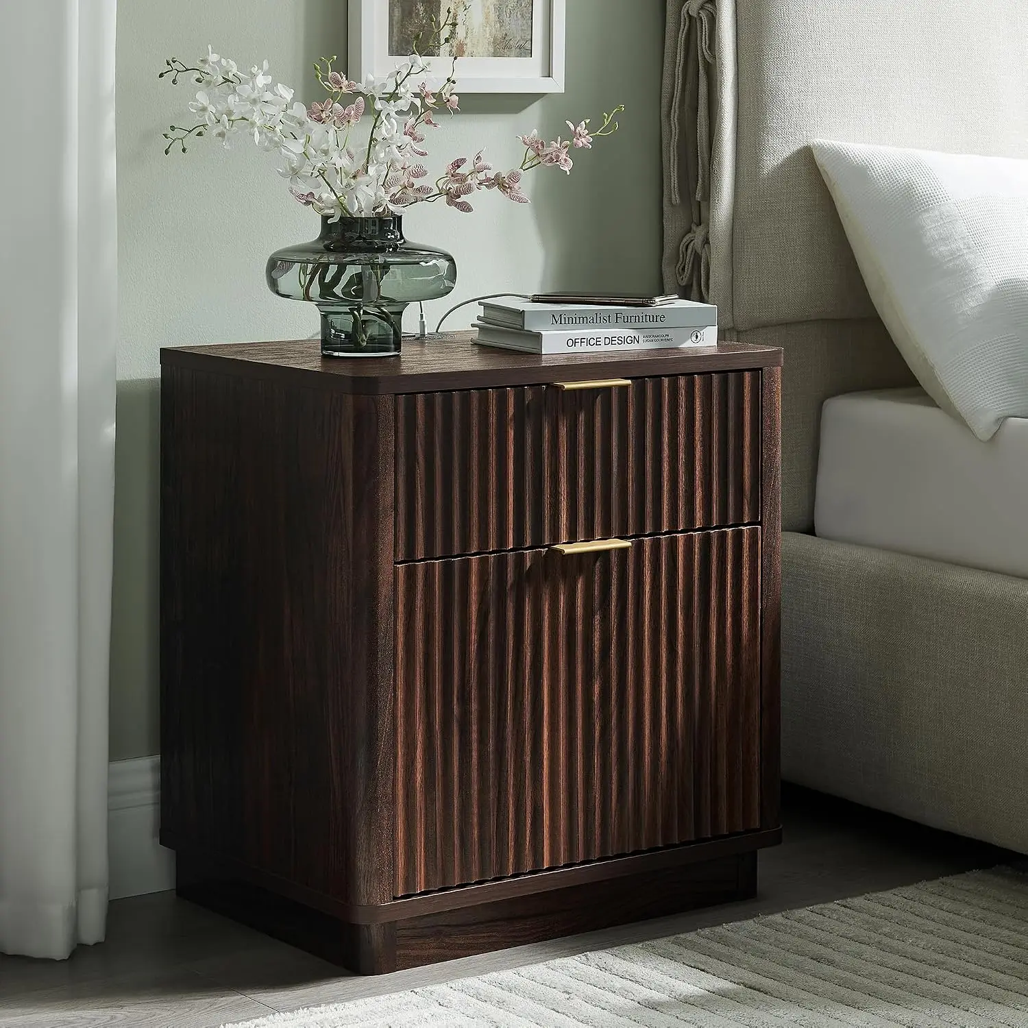 23 Inch Fluted Nightstand with 2 Drawers Charging Station Mid Century Curved Furniture For Room Profile Dark Walnut Custom