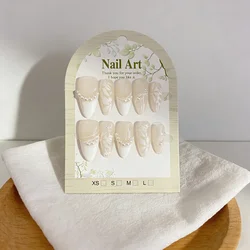 10Pcs ButterflyHandmade Press On Nails Wearable False Nails Full Cover French Almond Pearl Carving Decoration Manicure Fake Nail