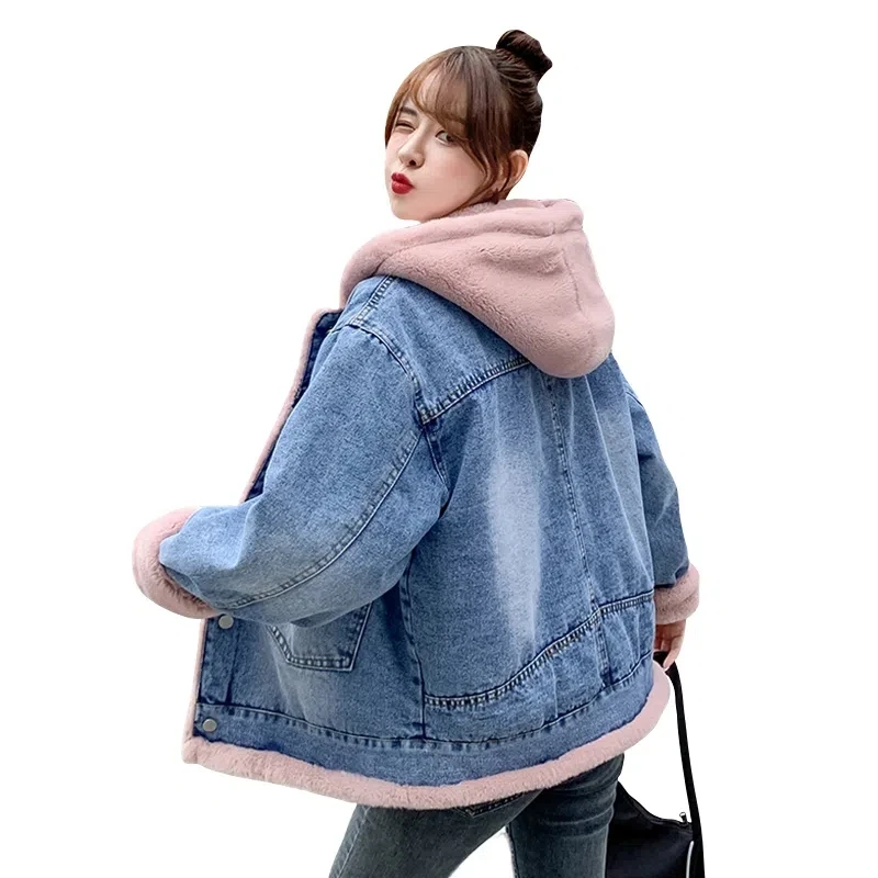 Add Velvet Padded Lambswool Denim Jacket Girl Autumn And Winter Clothes 2024 New Junior High School Students Loose Cotton Coat