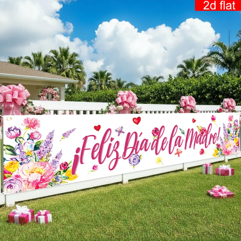 VIKAMA Spanischsprachiges Muttertags-Partybanner, Blumen-Schmetterlings-Muttertags-Hintergrundtuch, Schild für den Außenbereich