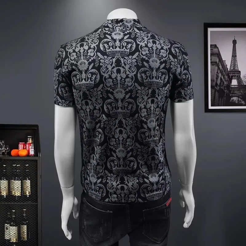 Men's Retro Print T-Shirt High Collar Thickened Short Sleeve Mid-Neck Base Shirt Personality Autumn Fashion Comfortable Fit