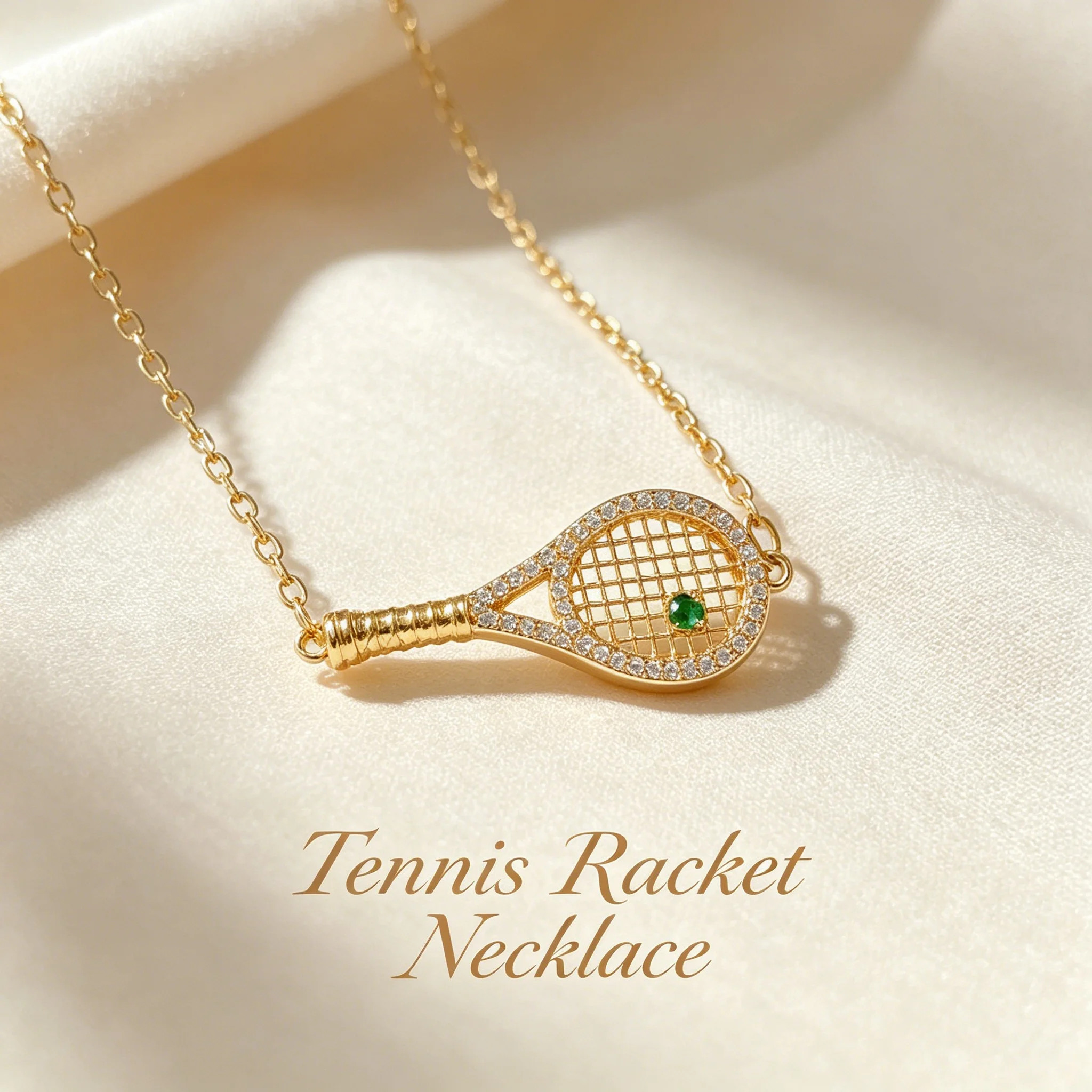 Tennis Racket Pendant Necklace, Green Polished Accent Elegant Sports Jewelry Gift for Women & Girls
