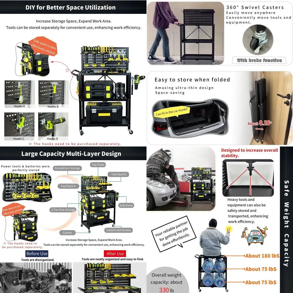 

Heavy-Duty Rolling Utility Cart with Pegboard for Garage Storage and Tool Organization