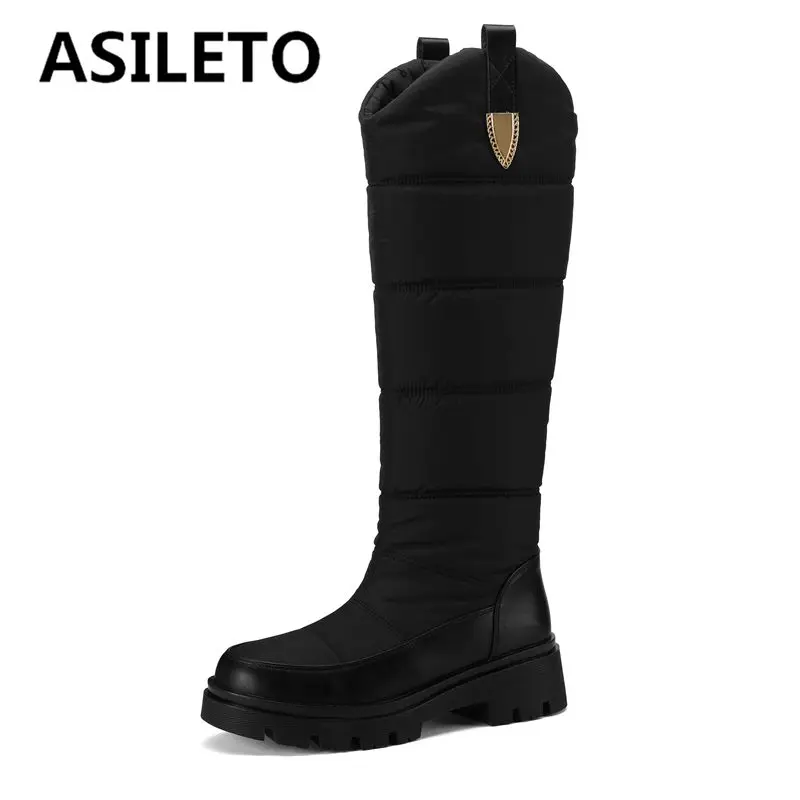 ASILETO 2024 New Winter Snow Boots for Women Outdoor Round Toe Thick Heels 5cm Slip On Warm Winter Knee Bota Big Size 42 43 44