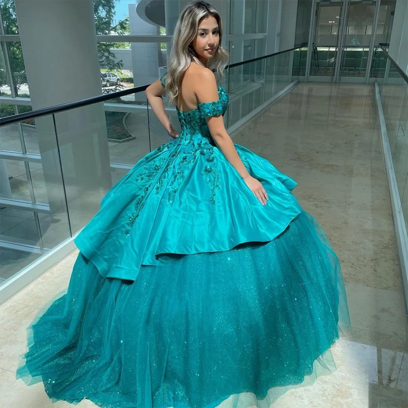 Doymeny-vestidos de quinceañera verde, vestido de fiesta con apliques de hombros descubiertos, lazo elegante, princesa dulce 16, brillante, 2024