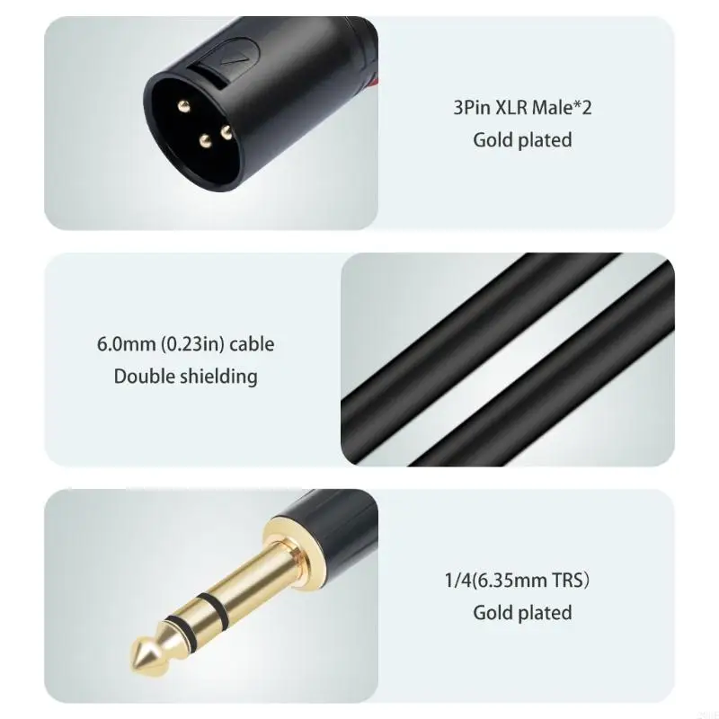 20CE Double Kanon Male to 6.35mm Male AUX Cable 1/4inch TRS to 3Pin Kanon Splitters Adapters Cord for Mixing Consoles Amplifiers