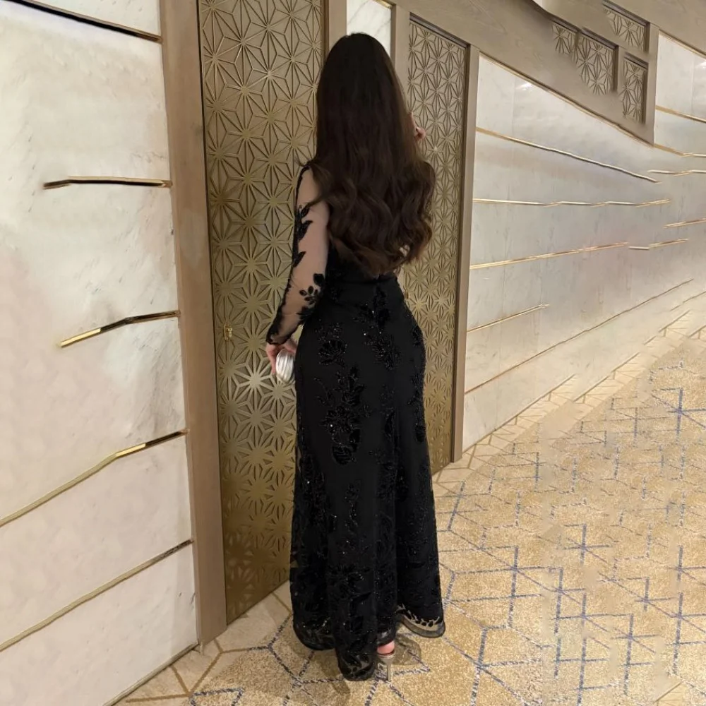 Abito da sera increspato a maniche lunghe squisito personalizzato Abito da ballo con volant sexy Elegante abito da festa con applicazioni in pizzo a sirena فسات