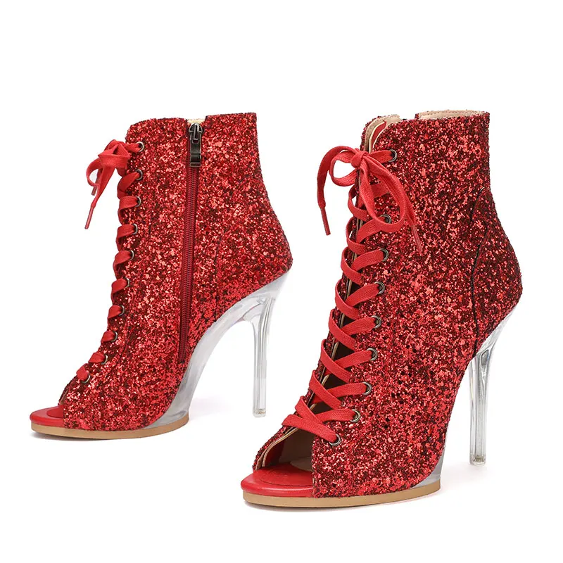 

New PU leather Women Transparent Heel Sexy Pump Jazz Dance Shoes Short Boots Heels for Women Ladies Platform Shoes Party Shoes