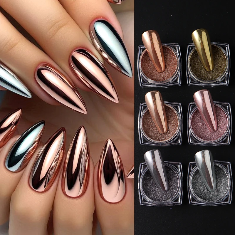 Polvo de uñas cromado dorado, plateado y rosa, espejo metálico de lujo, pigmento para frotar, polvo Y2K, hermosa decoración artística de uñas, 6/12 Uds.