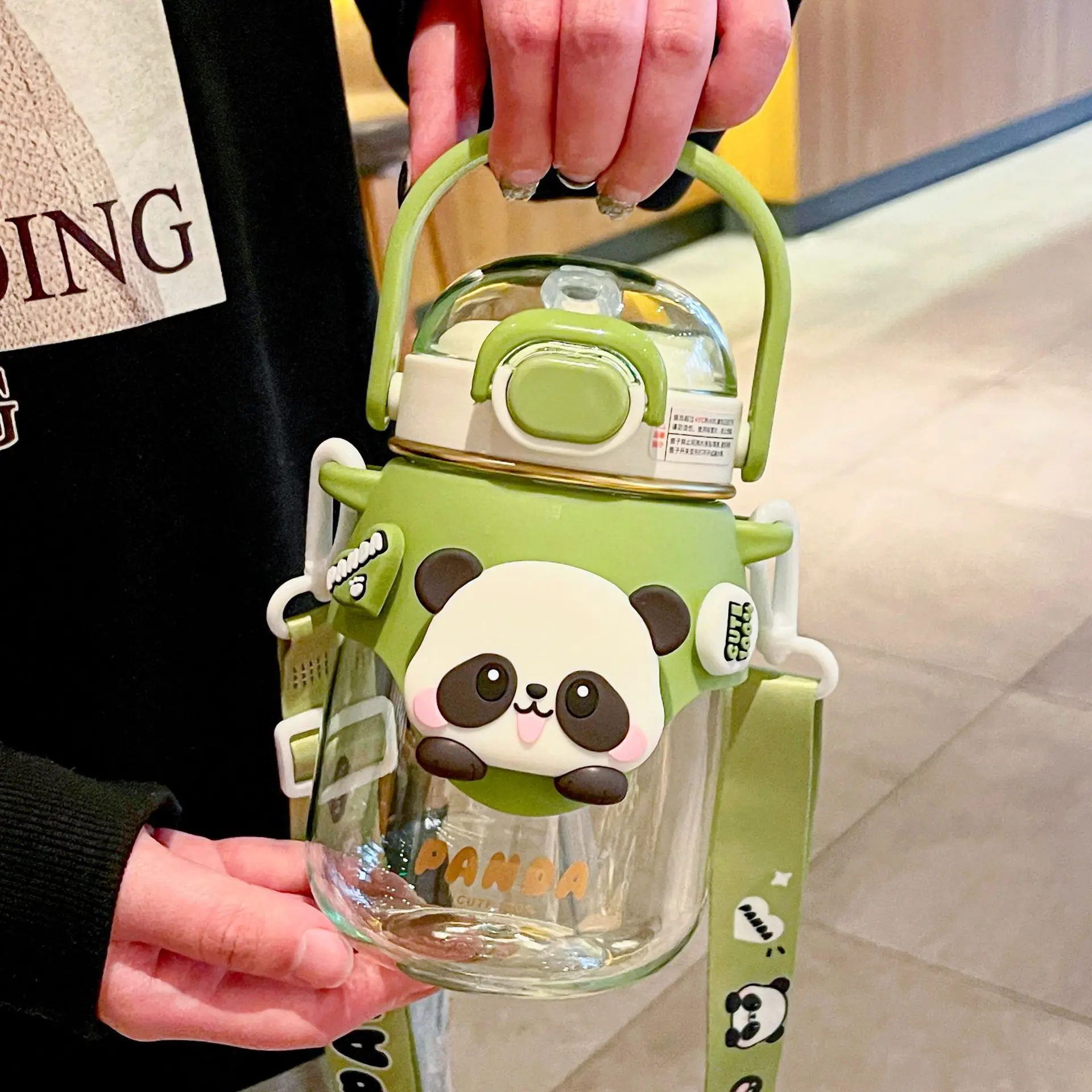 

Fashionable Panda Doll Plastic Cup Convenient and Cute Small Belly Water Cup Large Capacity New Elastic Lid Straw Cup