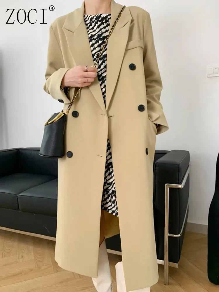 

ZOCI модный женский длинный пиджак с зубчатым воротником и длинными рукавами, двубортный свободный пиджак, осень 2023, новый прилив FC1264