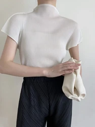 Miyake Pleated Half High Neck Profile Black T-shirts Women Summer Korean Fashion Causal Tops Designer Aesthetic Clothing