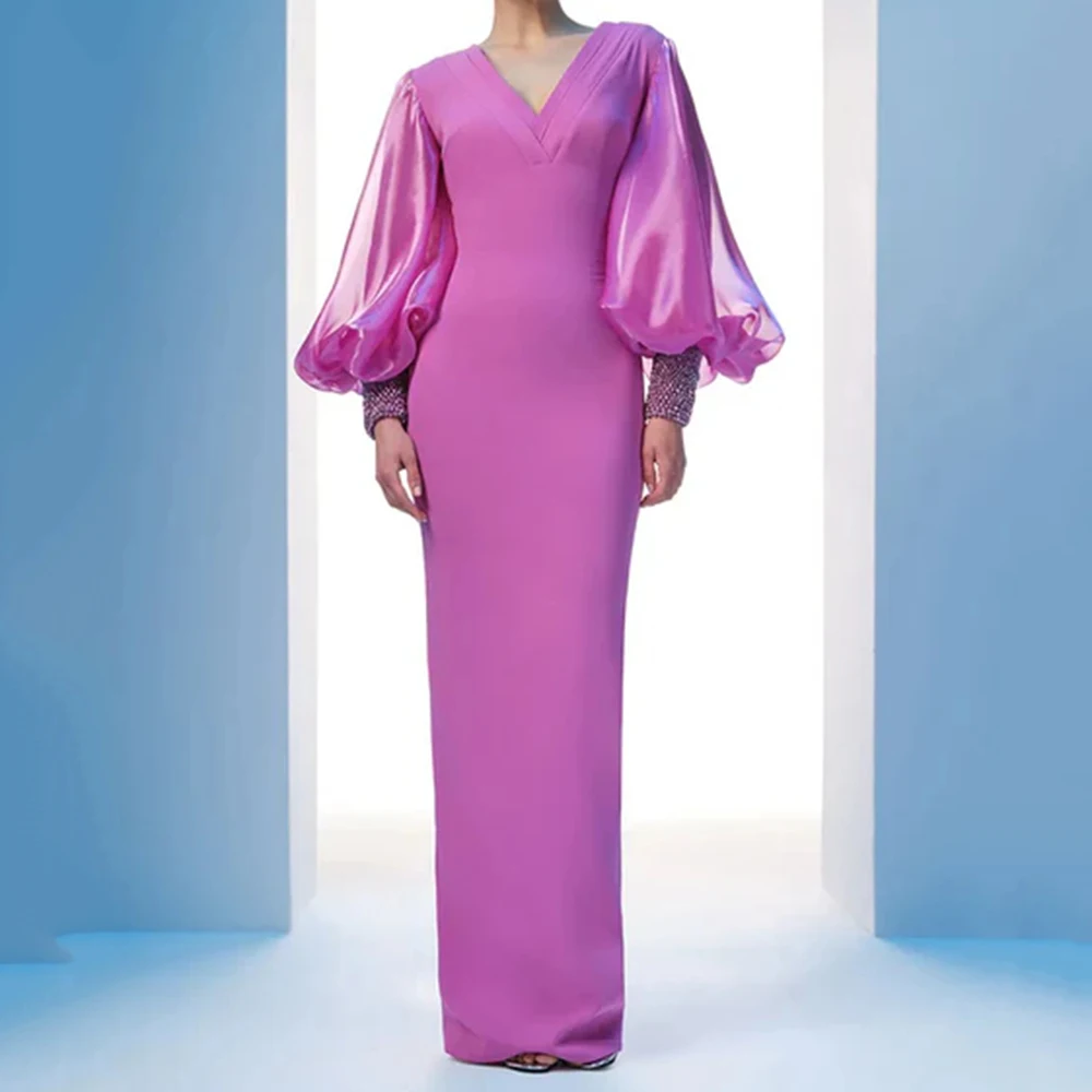 

Customized Straight Evening Dresses Floor-length V-neck Full Sleeve Prom Gown Simple Fashion Crystal Pleat Exquisite Party Gown