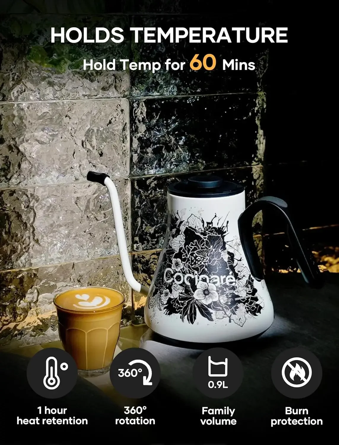 غلاية كهربائية معقوفة مع تحكم في درجة الحرارة، صب فوق القهوة والشاي، 1200 وات لزمن الغليان السريع 180 ثانية، 600 جرام خفيف للغاية،