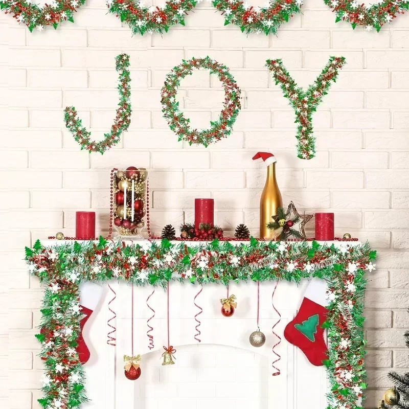 2M Red Green Glittering Metallic Twist Garland Hanging Decoration for Xmas Tree Winter Home Holiday Stairs New Year Party Decor - view 6