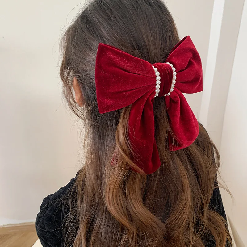 1 velvet bow hair clip Autumn-winter vintage top clip net Red elegant temperament pearl back head spring clip