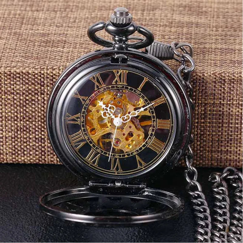 Black FlamePattern Mechanical Pocket Watch Roman Scale Large Mechanical Pocket Watch