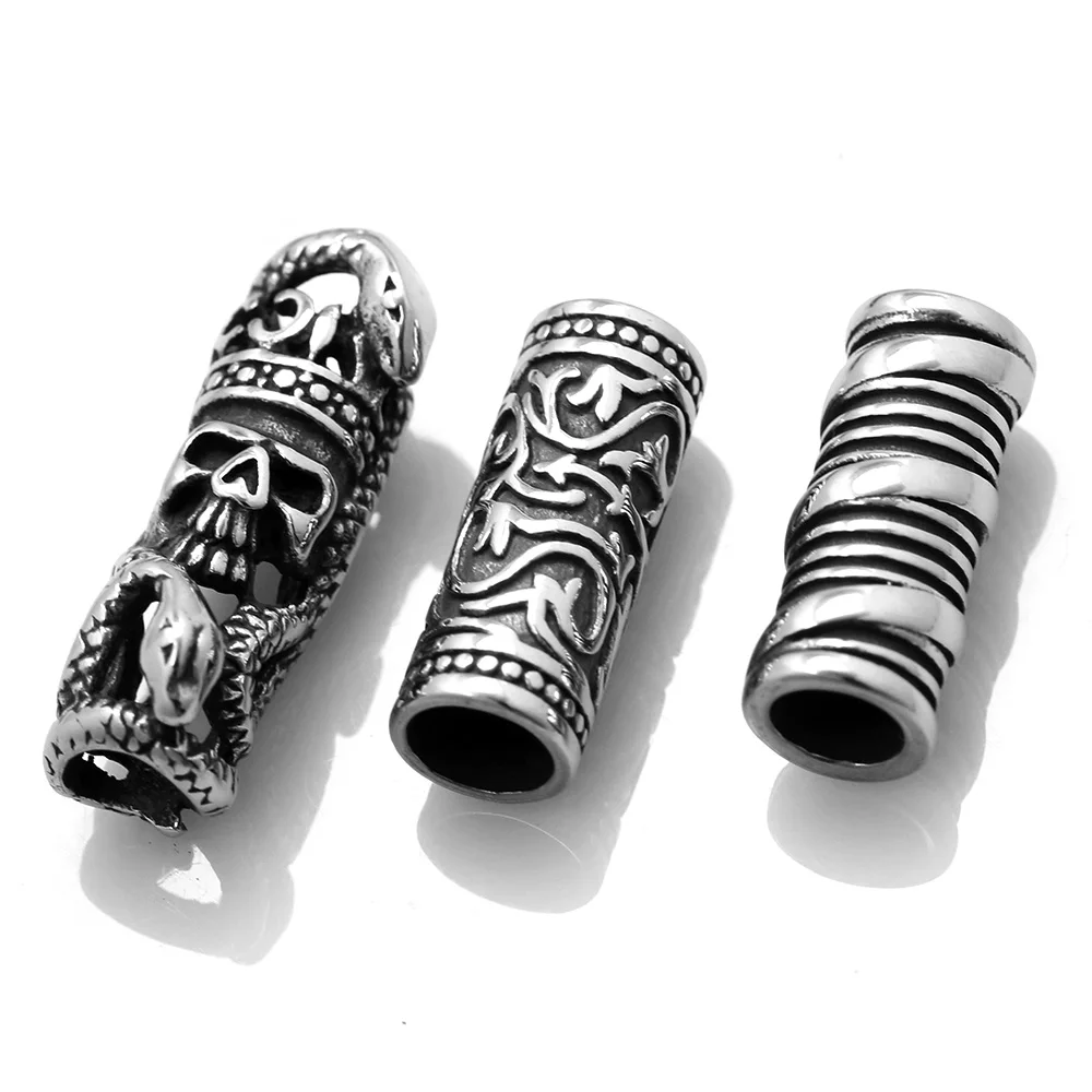 2pcs Stainless Steel Hole 6mm Skull King Snake Tube Beads Slider Charm DIY Men Leather Cord Bracelet Making Jewelry Accessories