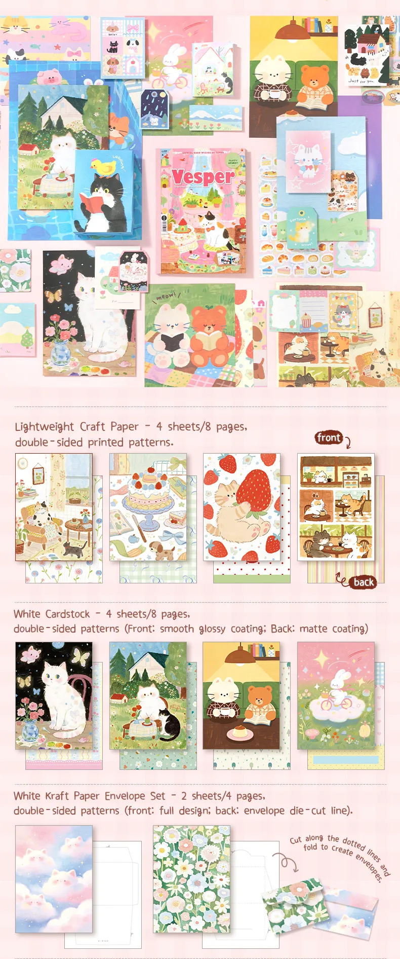 Journal GO 29 Seiten Vesper Materialbuch, dekoratives Papierblock mit mehreren Mustern, Blumenstreifen und niedlichen Kätzchen, schönes Papier für Tagebücher. – Detail 10