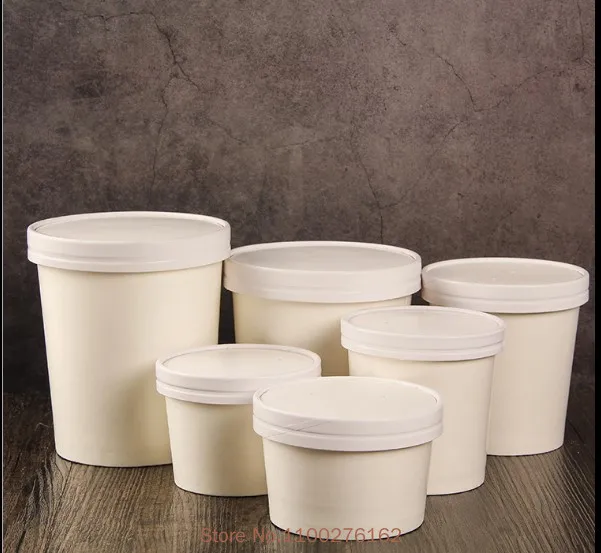 50pcs/pack Large Capacity Disposable White Paper Bowl With Lid Eco Takeaway Food Package Paper Cup Paper Lunch Box