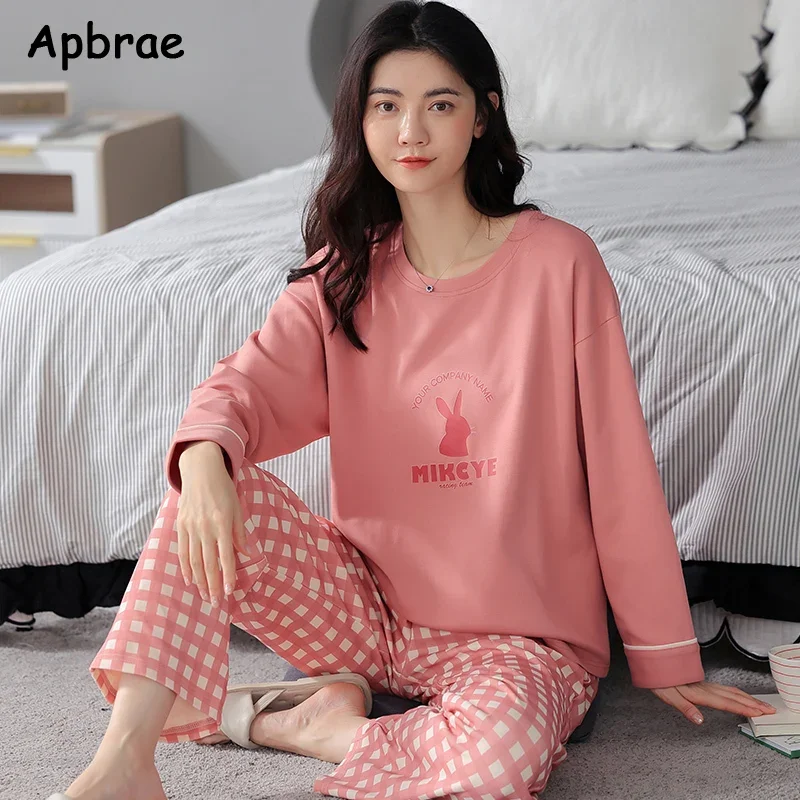 Conjunto de Pijamas de otoño para mujer, Pijamas de manga larga de algodón sintético, Pijamas de mujer con cuello redondo, ropa de dormir dulce a la moda