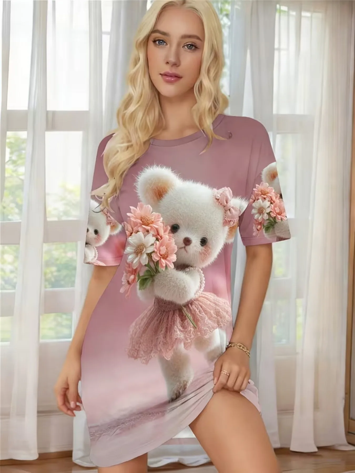 Sweet 3D Plush-Feel Gauze Dress with Bear Holding Pink Flower Pattern, Women's Round-Neck Short-Sleeve Home Sleep Dress