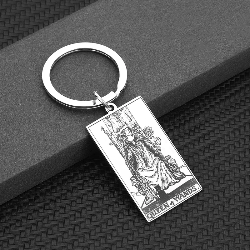 Punk QUEEN WANDS Tarot Card Talisman Keychain Stainless Steel Pendant for Women Men's Hip Hop Trendy Car Bag Decor Gifts Jewelry