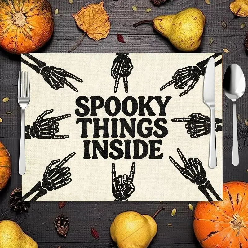 VIKAMA Spooky Things Inside Halloween Placemat Skeleton Hands Print Linen Vintage Heat Resistant Dining Decor