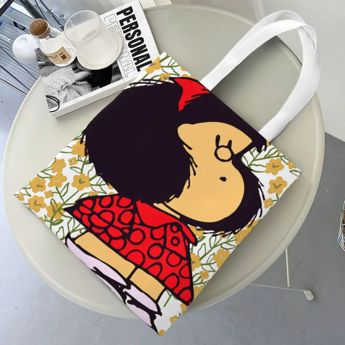 

Women Men Mafalda And Flowers Tote Bags Large Capacity Cute Kawaii Cartoon Grocery Bag for Shopping Handbags
