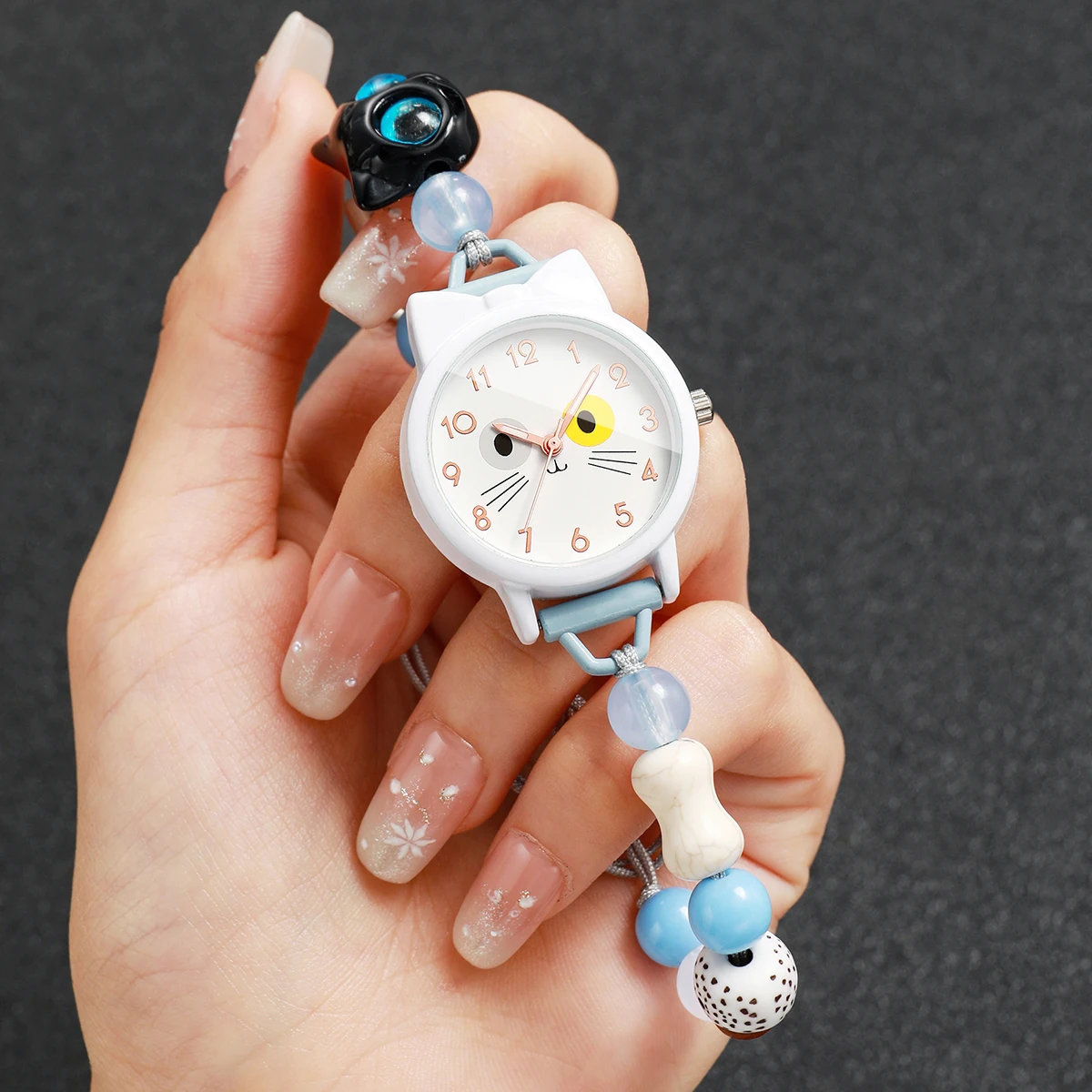Cartoon Cat Dial Women Quartz Watch Adjustable Beaded Bracelet Wristwatches Students Clock Relogio Feminino(Without Box)