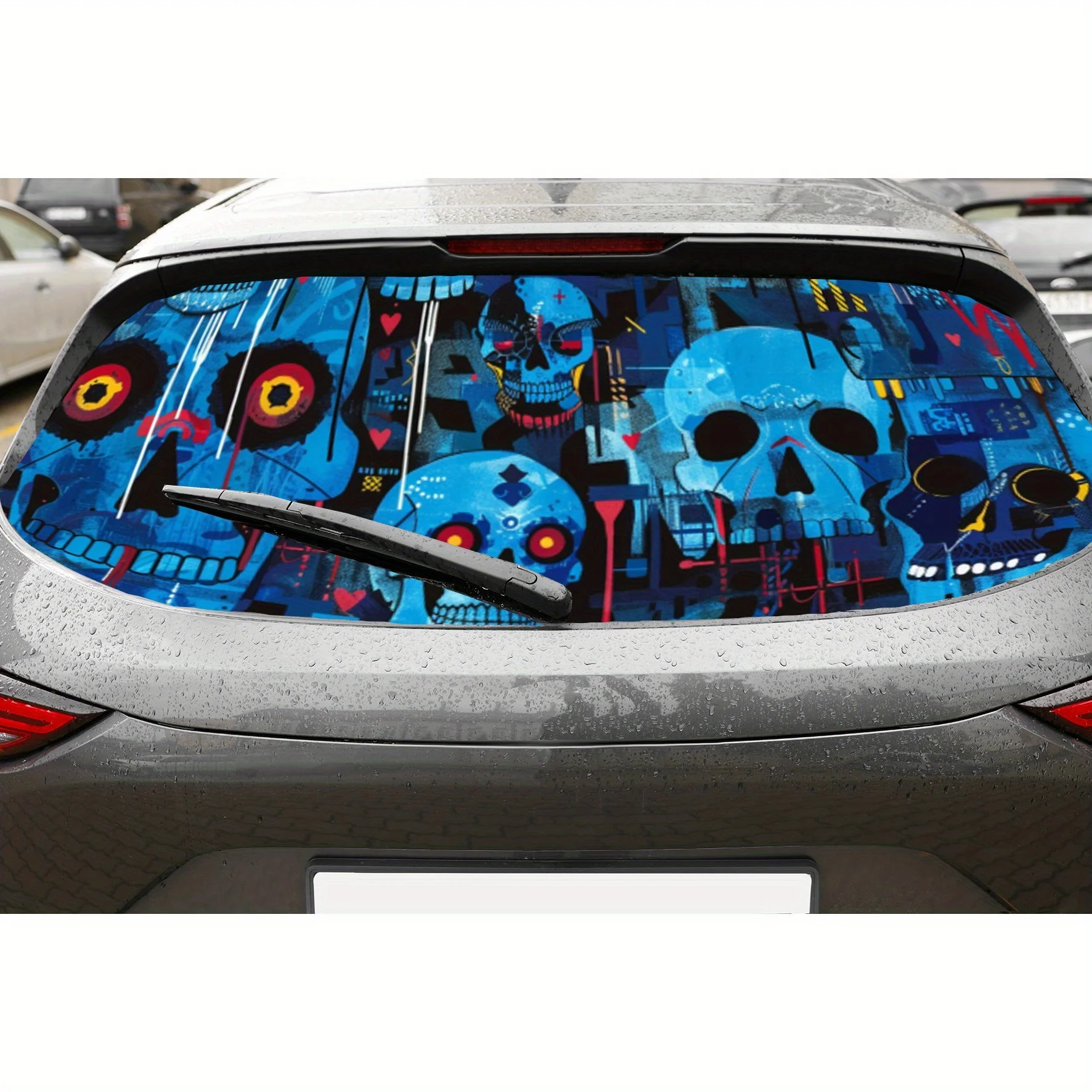 

Blue Trendy Skull PVC Perforated Car Vinyl Wraps, Privacy Enhancing Design for Rear Window, Car Rear Windshield Sticker for Most