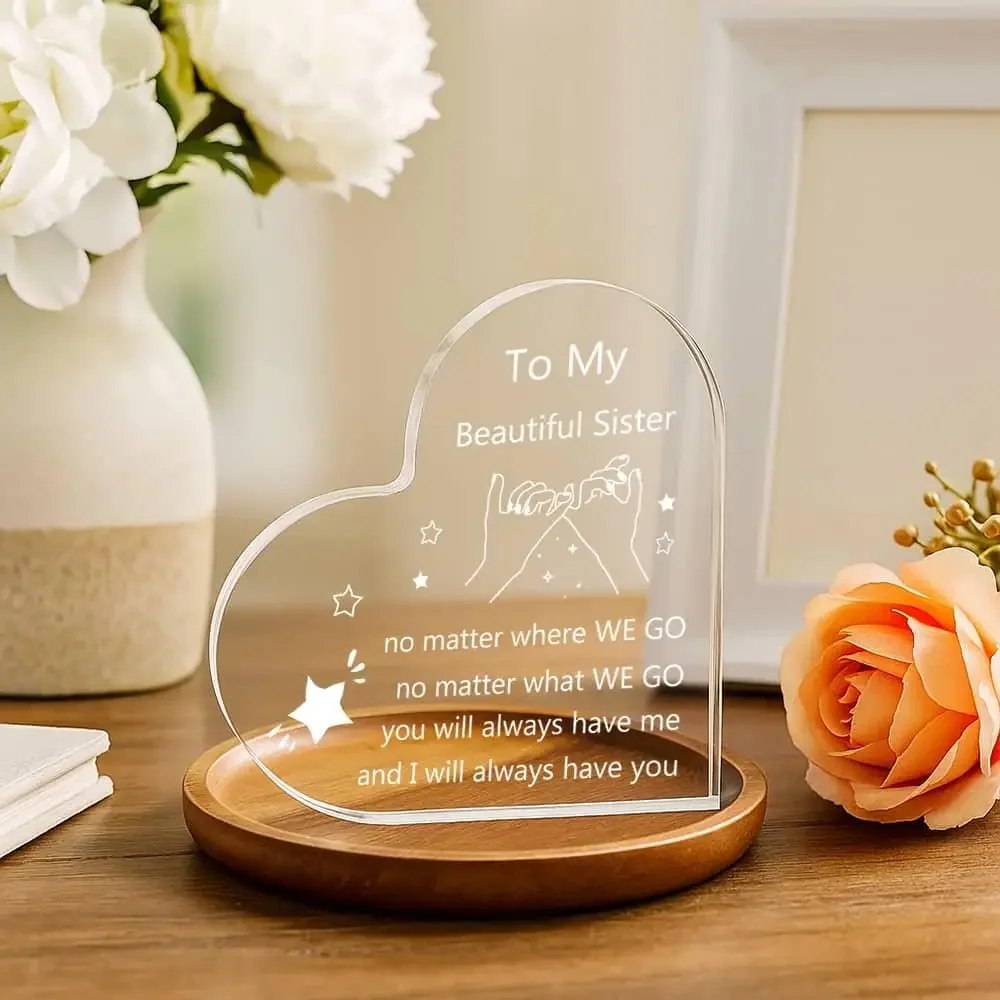 CIFBUY Acrylic Wall Art 2D Heart Shaped Plaque Sentimental Sister Gift Intertwined Hands Poem Boho Decor For Women Home Office