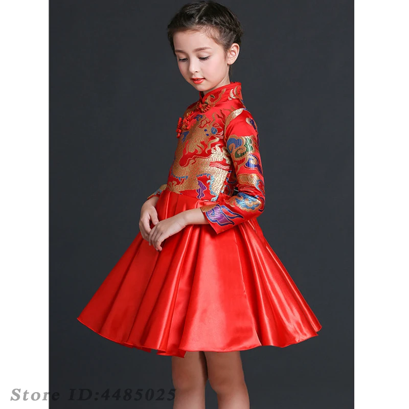 Costume di Capodanno Ragazzi Tang Vestiti Bambino Uniformi per spettacoli teatrali Ragazza Stile cinese Qipao Raso Cheongsam Costume jacquard