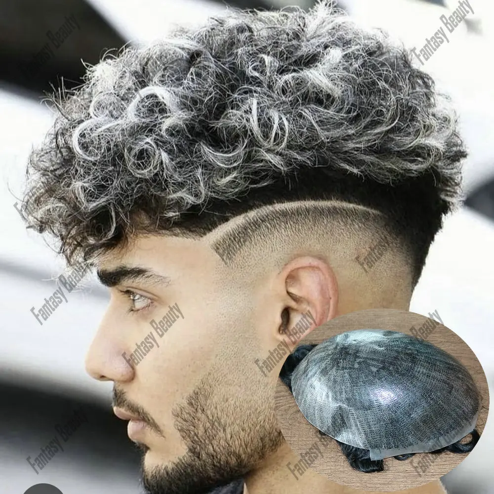 Perucas encaracoladas do cabelo humano para homens, perucas duráveis da projeção, pele fina, toupee do plutônio, prótese capilar, preto cinzento, 20mm, 1B65