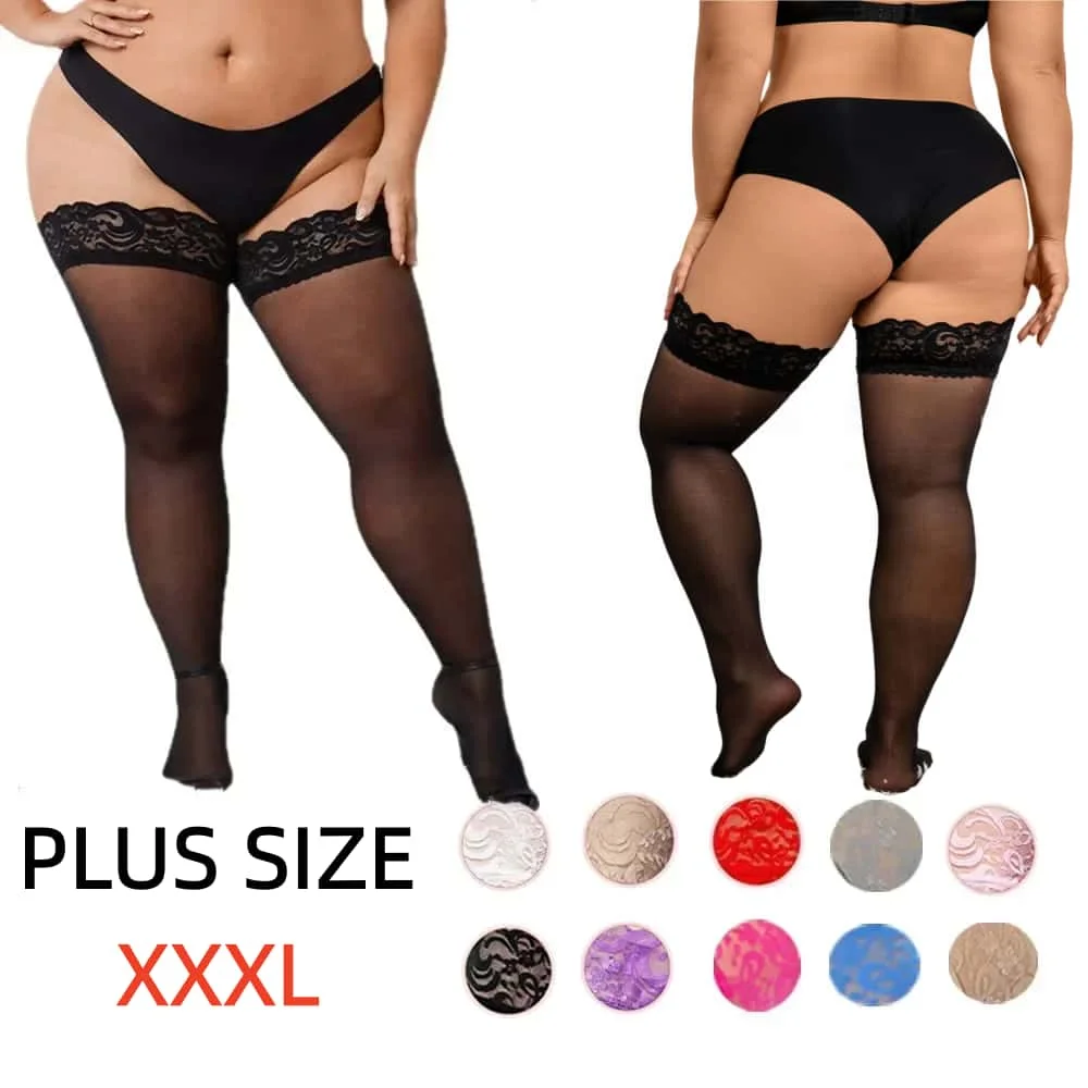 Plus Size Black Lace Top Stay Up Anti-slip Thigh High Stocking Over Knee Fishnet Long Socks Sexy Stockings for Oversize Women XL