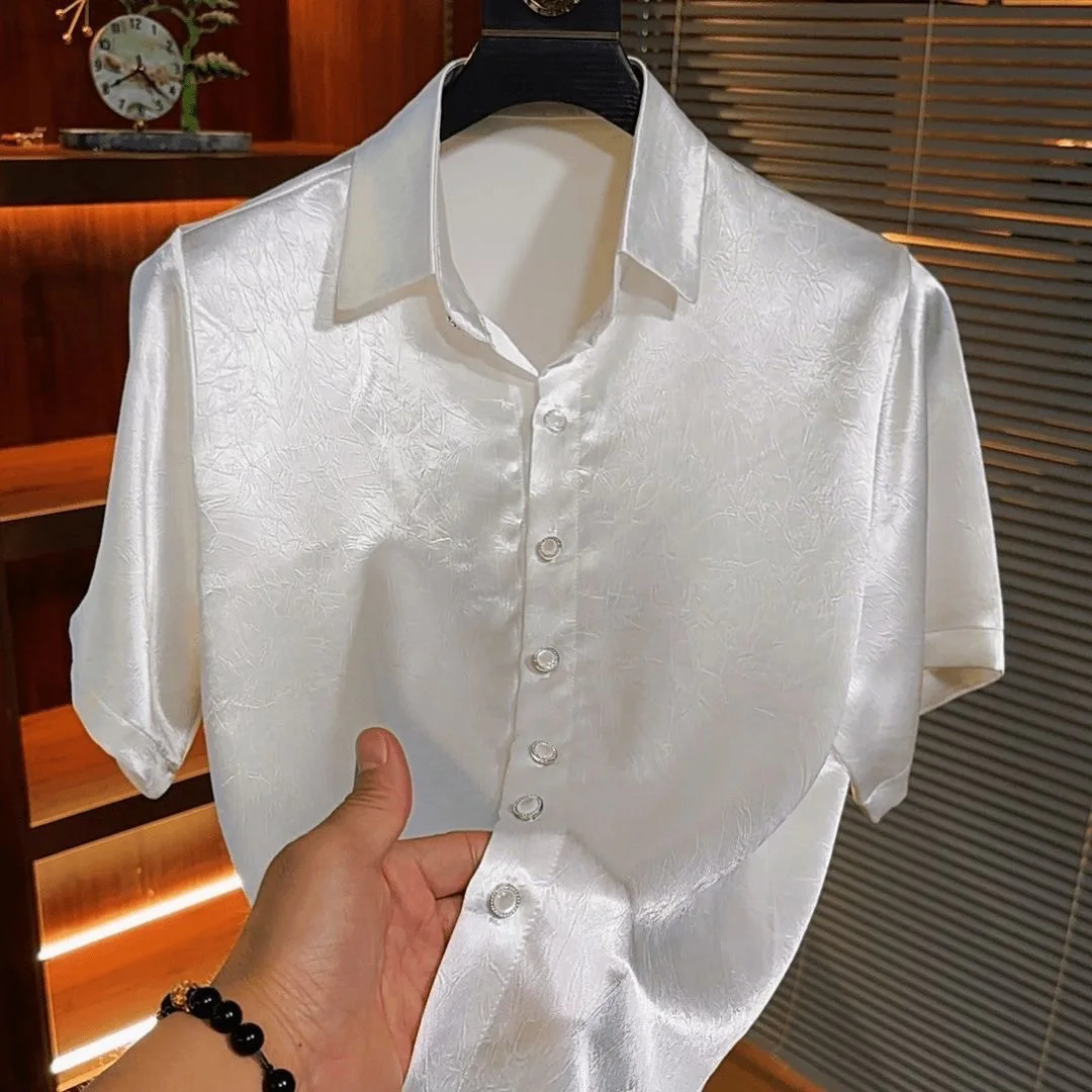 Elegant Ice Silk Short Sleeve Men's Shirt Summer Thin Fashion Satin No Ironing Casual Versatile Shirt Breathable Skin-Friendly