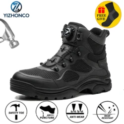 Botas de fivela rotativa para homens, sapato de aço, sapato de segurança preto indestrutível, à prova de perfuração, outono