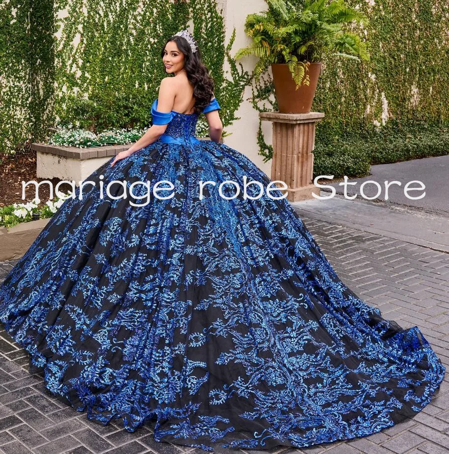 Navy Blue Princess Quinceanera Dresses Long Sleeve Off Shoulder Gillter Applique Lace-up Corset vestidos 15 años quinceañera