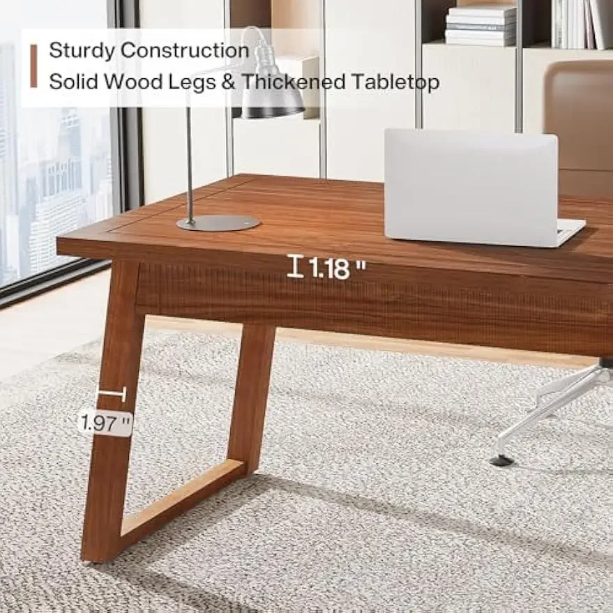 Home Office Executive Desk: 55 Inches Solid Wood Computer Desk with Drawer, Mid-Century Modern Study Writing Table