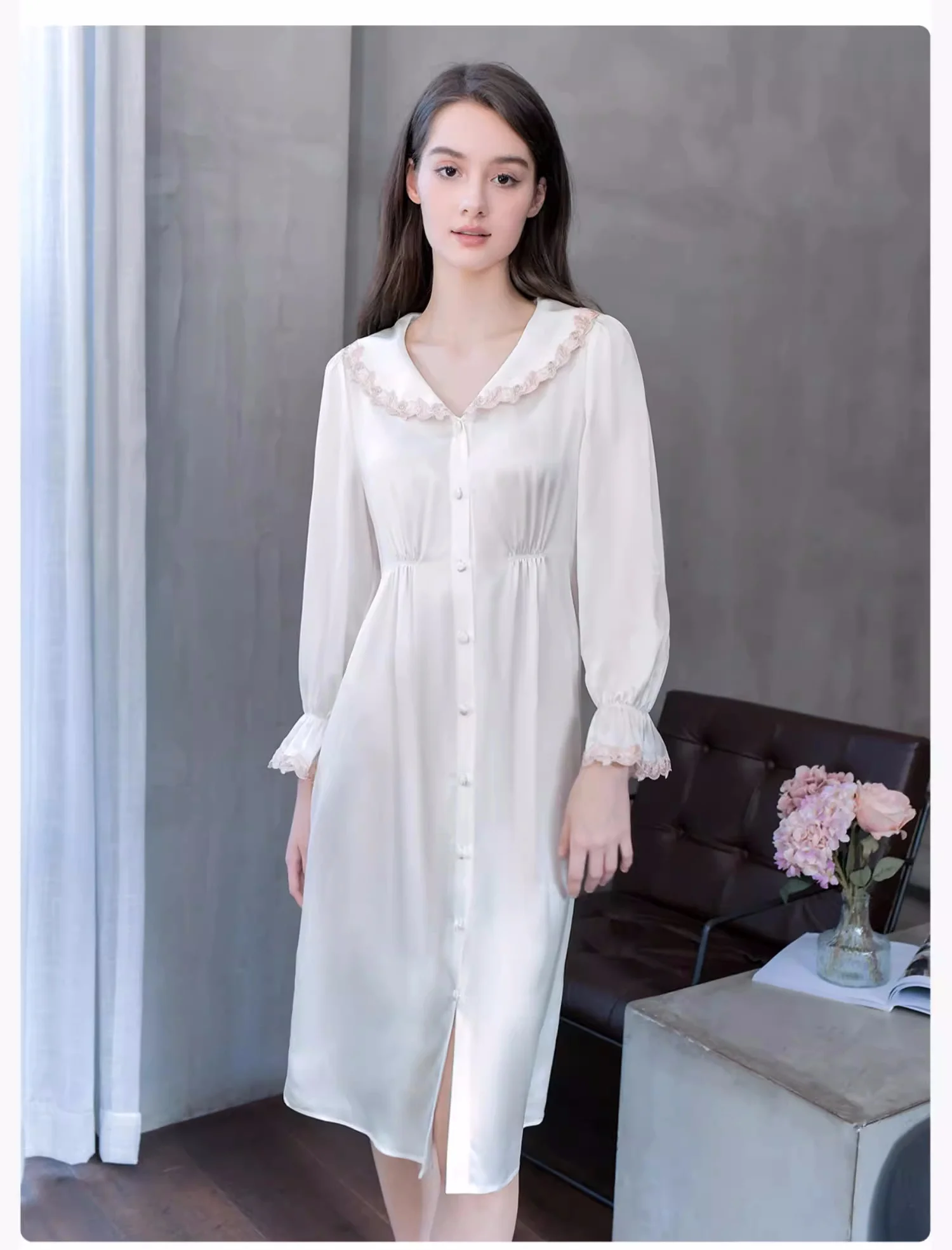 

Short Sleeve Mulberry Silk Satin Nightshirt Sleepwear Nightdress Women's Casual Homedress Button Down Sexy Lingerie Gown Robe