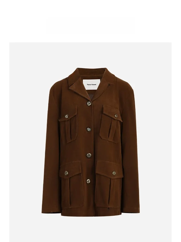 Tee Goood PU Leather Suit Jaet with Matte Fini And 3D kets Women's Casual Sle Double Button Coat for Winter