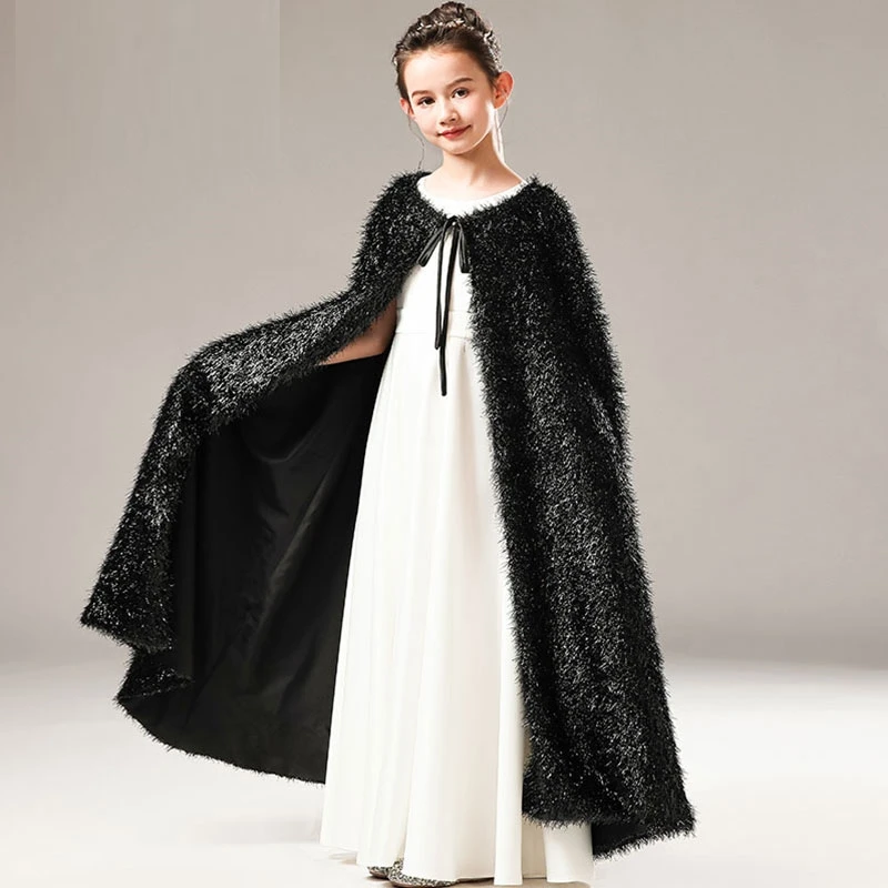 Vestido de estilo euroamericano para niños, capa negra, capa roja, abrigo cálido, Princesa, chal largo de boda de invierno