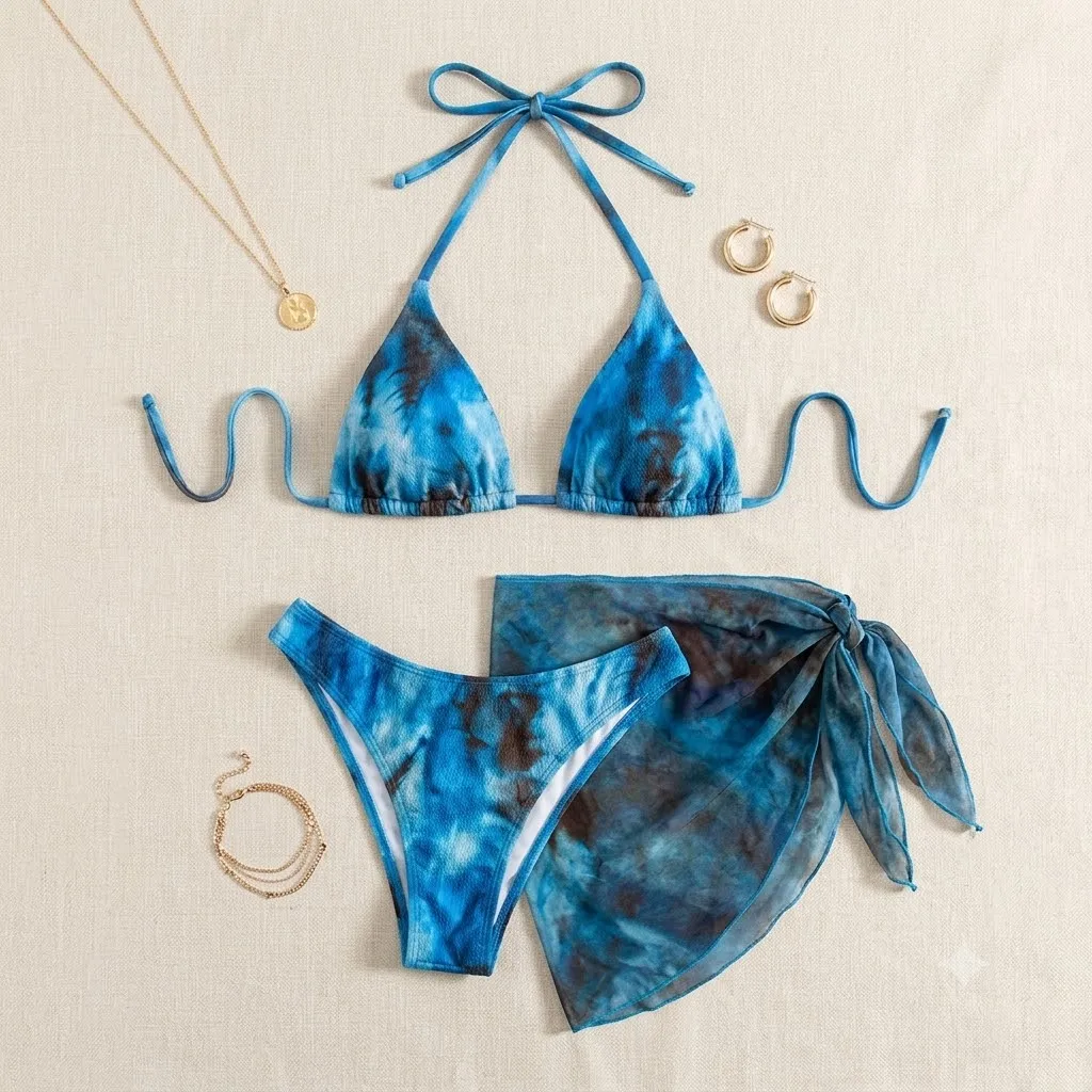 JEWELRY SEN Women Tie Dye 3 Piece Halter Bikini Set Triangle Swimsuit With Beach Cover Up Skirt Summer Bathing Suit Swimwear