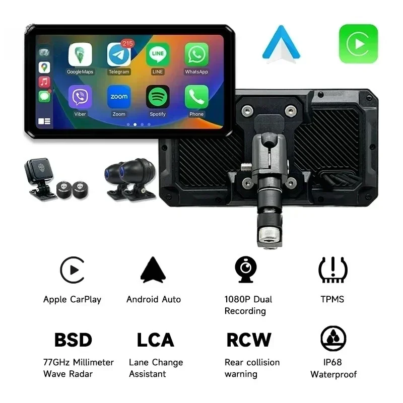 AlienRider M2 Pro 6 Inch Touch Screen Motorcycle Navigation DVR Waterproof Dual Dash Cam with 77GHz Radar CarPlay Android Auto