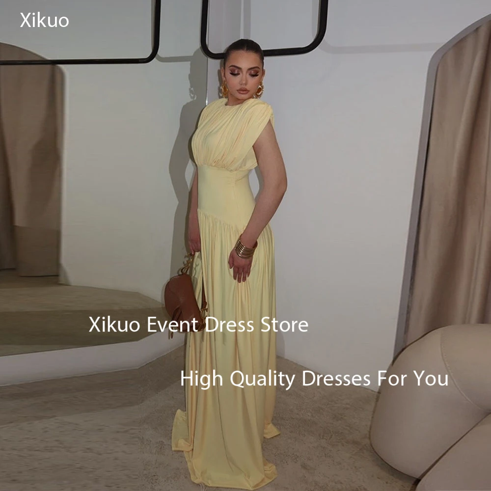 

Xikuo Formal Yellow Satin Evening Gowns A Line O Neck Pleated Robe Cocktail Femmes Floor Length Party Prom Dresses Customized