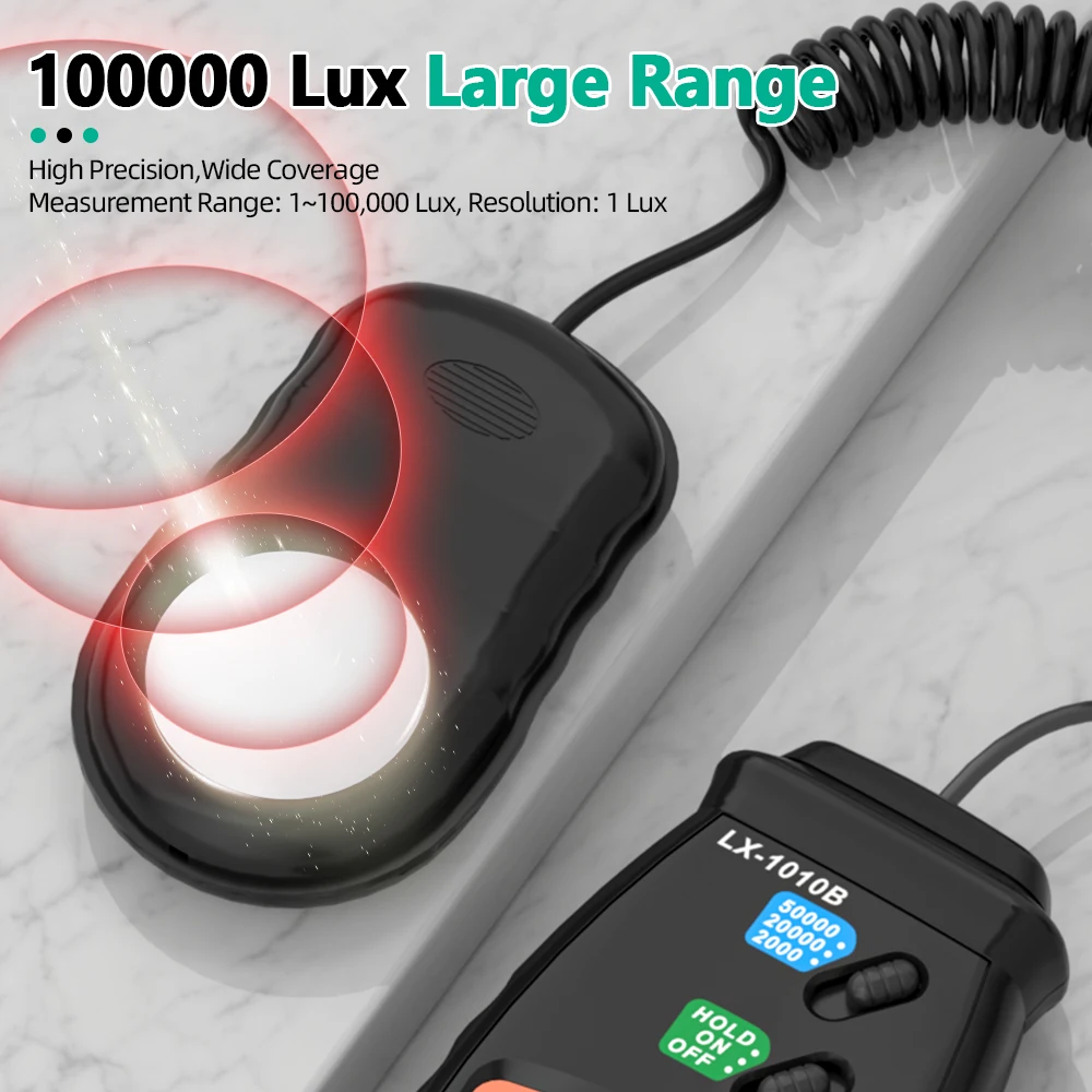 MASTFUYI مقياس الإضاءة الرقمي، تصميم من النوع المنفصل، 0-10,000 مقياس لوكس، قياس سطوع شدة الإضاءة