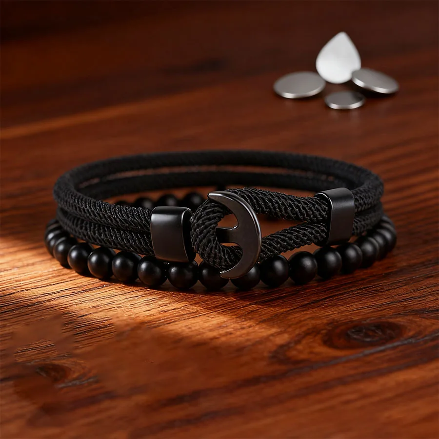 Anker-Armband für Männer, Gewindeseil, Naturstein-Perlenarmband-Set, Freizeit, nautischer Paracord-Armreif, geschichteter Handgelenkschmuck, Geschenk