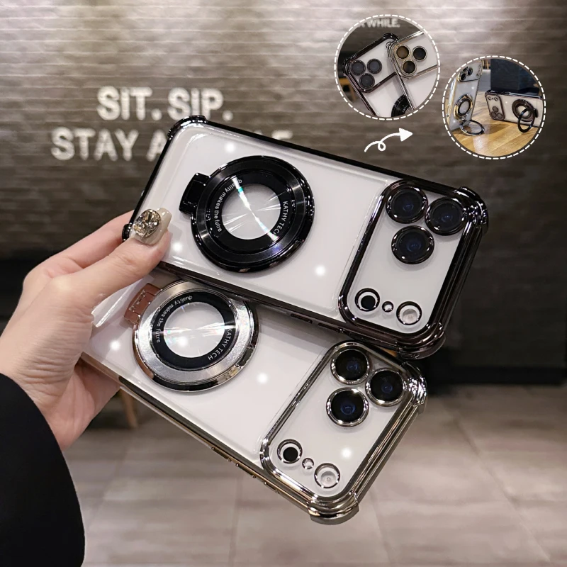 Luxury Plating Border Four Corner Anti Drop Bracket Ring  Phone Case For iPhone 17 Pro Max Air HD Transparent Bumper Back Cover