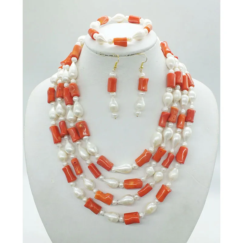 

модное ожерелье. Натуральный оранжевый коралл и натуральный белый жемчуг, классическое свадебное ожерелье, браслет, серьги, комплект