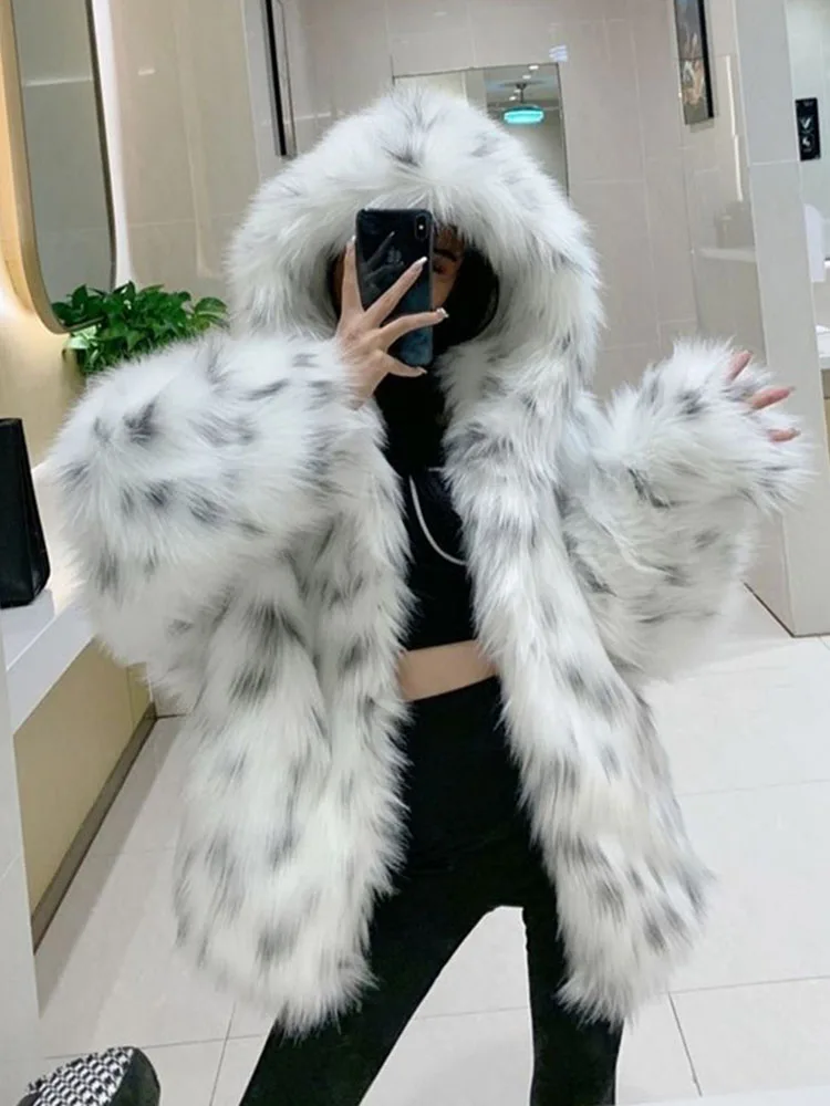 

ZADORIN High Quality White Leopard Hooded Faux Fox Fur Coat Woman Clothing Thicken Long Sleeve Fluffy Jacket Oversize Outerwears